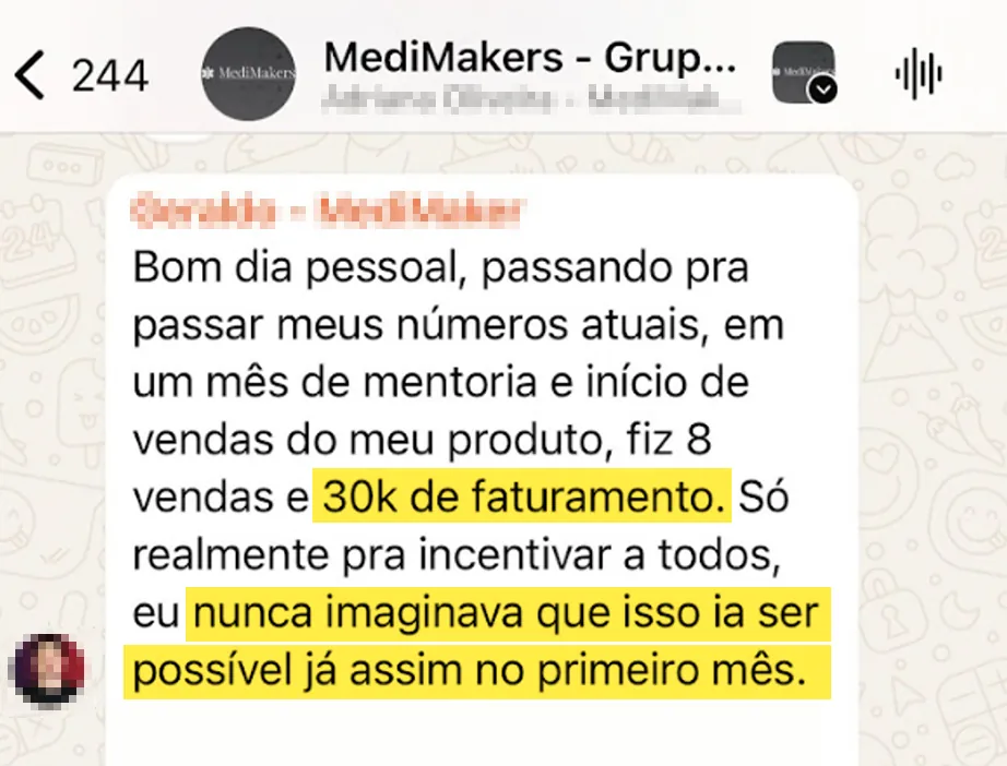 Print de conversa mostrando faturamento de médico mentorado 1