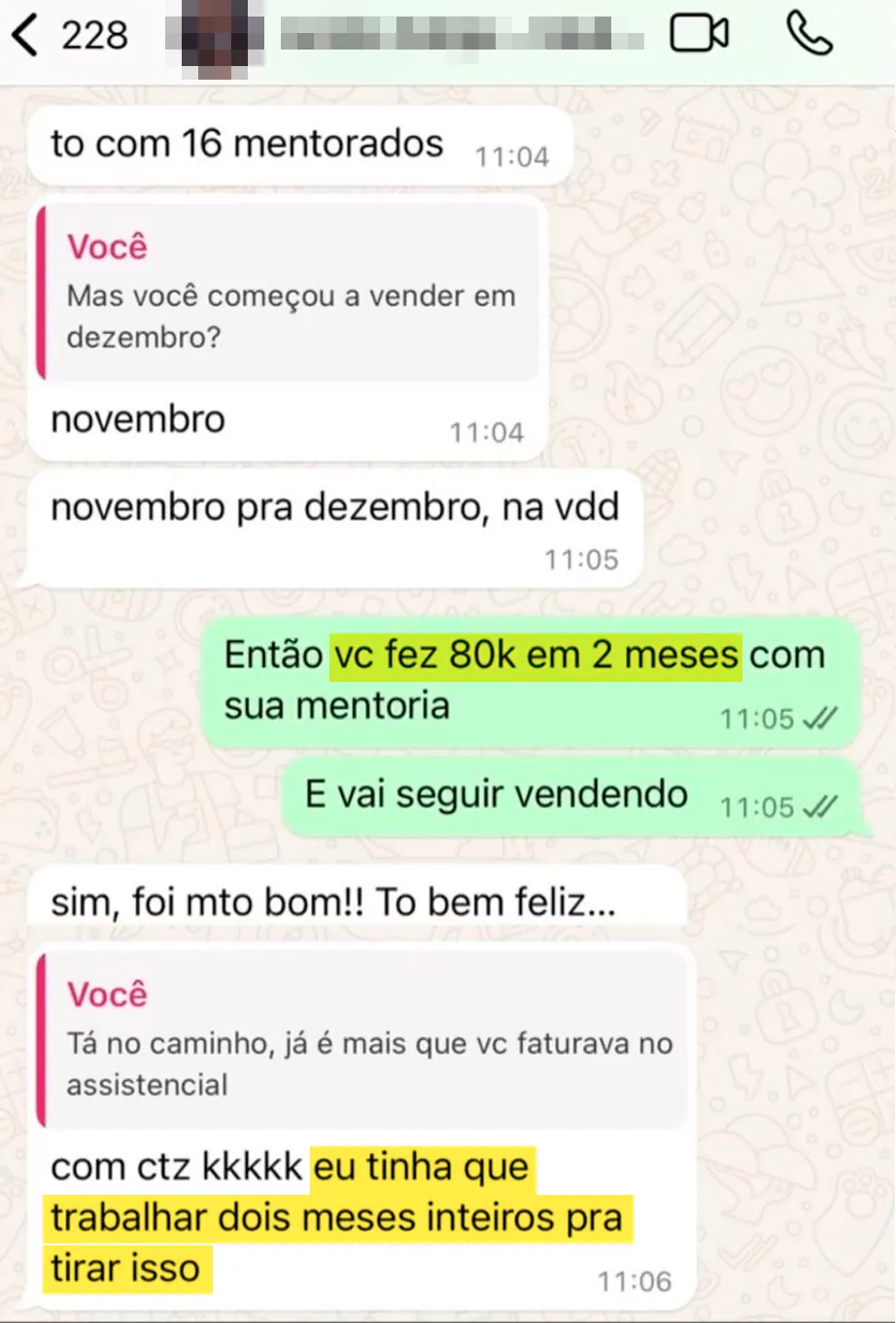 Print de conversa mostrando faturamento de médico mentorado 3