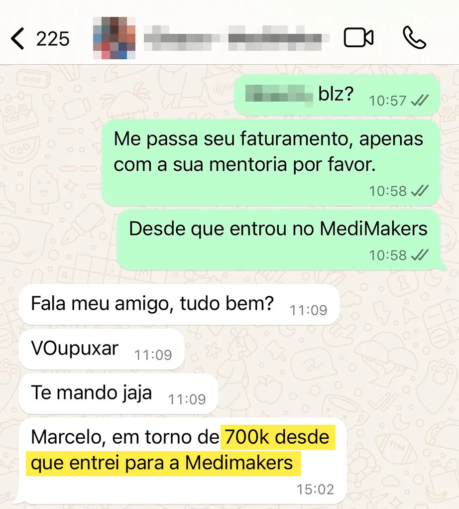 Print de conversa mostrando faturamento de médico mentorado 4